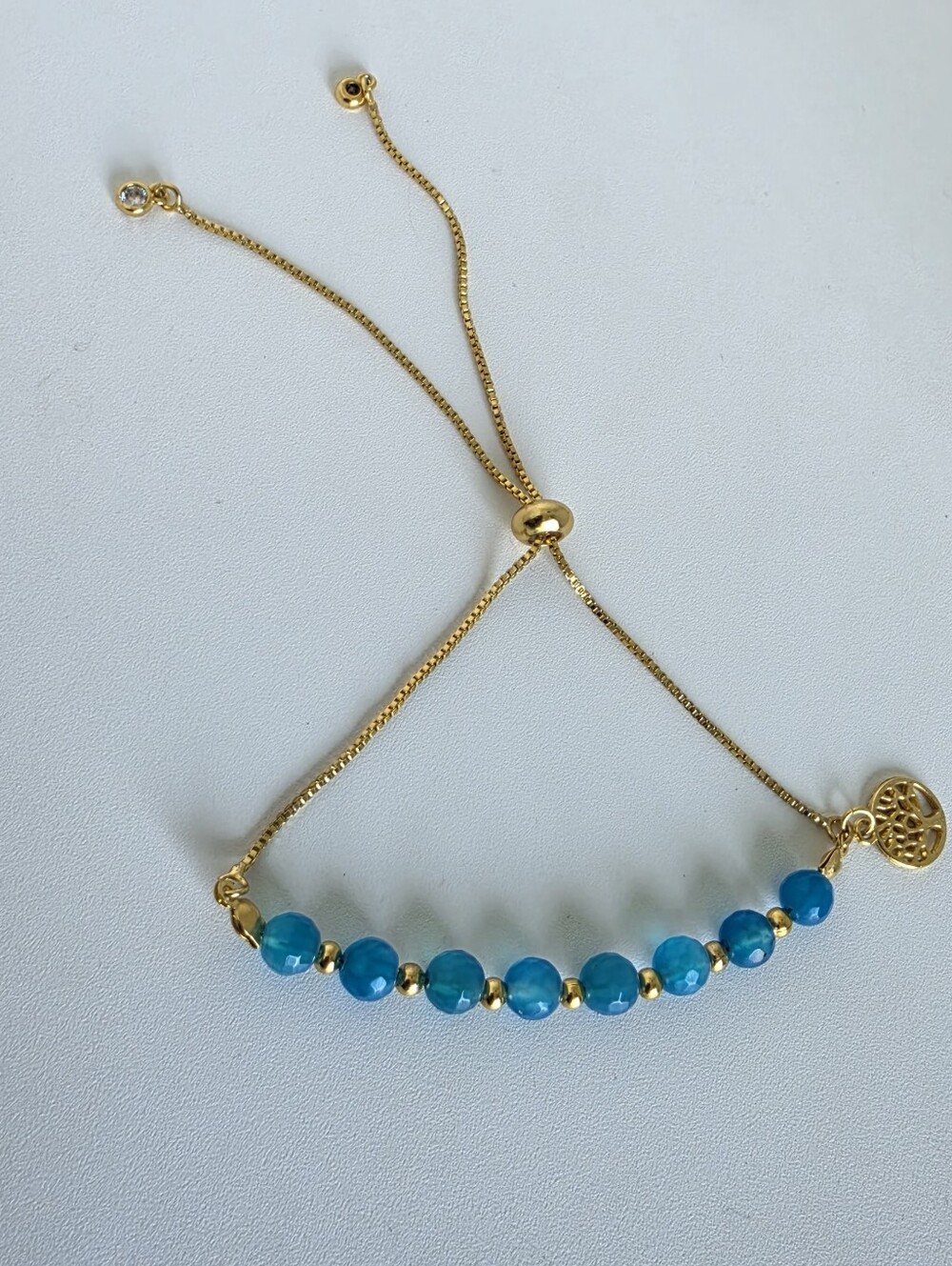 Handmade Blue Agate Adjustable Gold Plated Tree of Life Bracelet